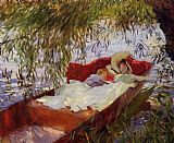 Women Canvas Paintings - Two Women Asleep in a Punt under the Willows